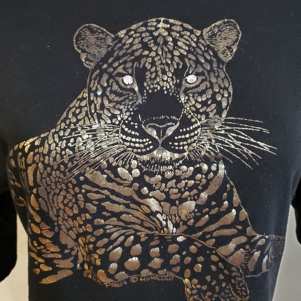 Vintage Foil Silk Screen Leopard Shirt Women's Size Large Black Gold Hawaii - Picture 2 of 6